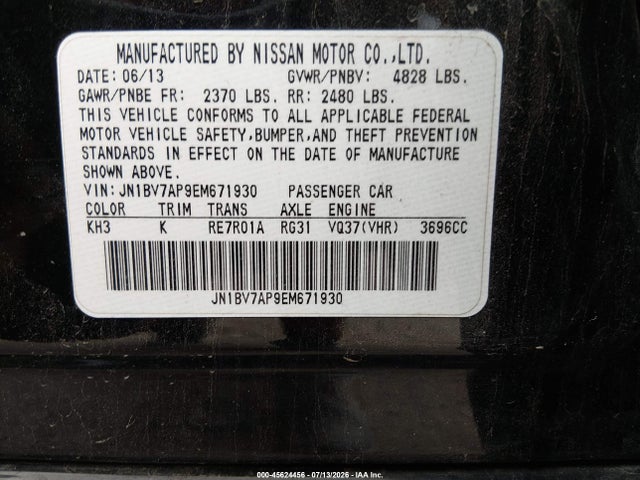 45624456 :رقم المزاد ، JN1BV7AP9EM671930 vin ، 2014 Infiniti Q50 Premium مزاد بيع