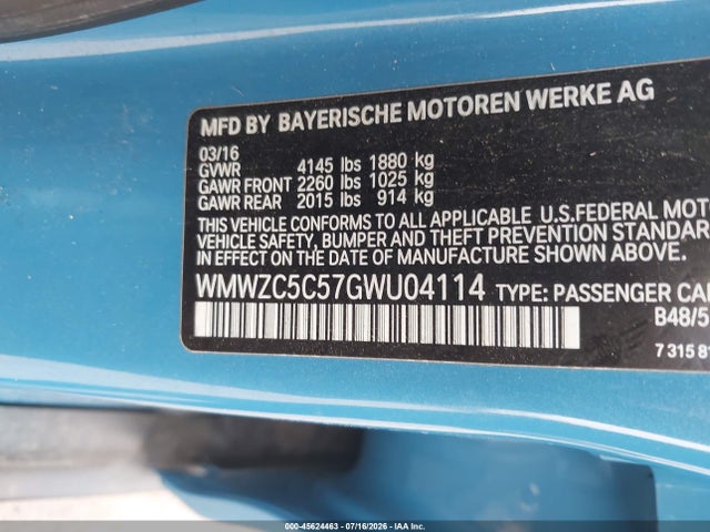 45624463 :رقم المزاد ، WMWZC5C57GWU04114 vin ، 2016 Mini Countryman Cooper S مزاد بيع