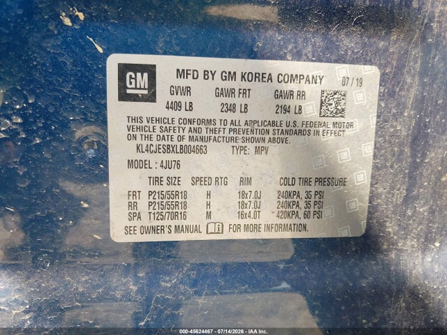2020 Buick Encore Awd Preferred მანქანა იყიდება აუქციონზე, vin: KL4CJESBXLB004663, აუქციონის ნომერი: 45624467