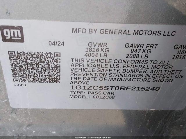 Aukcja sprzedaży 2024 Chevrolet Malibu Fwd 1fl, vin: 1G1ZC5ST0RF215240, numer aukcji: 45624473