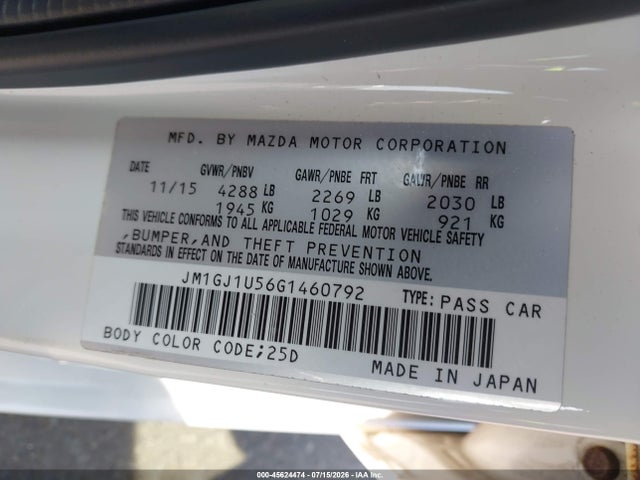 Aukcja sprzedaży 2016 Mazda Mazda6 I Sport, vin: JM1GJ1U56G1460792, numer aukcji: 45624474