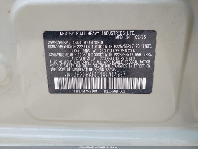 45624482 :رقم المزاد ، JF2GPABC2G8202567 vin ، 2016 Subaru Crosstrek 2.0i Premium مزاد بيع
