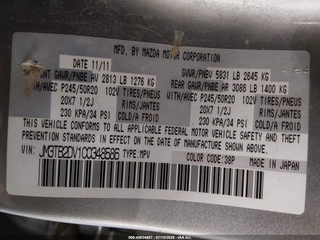 45624487 :رقم المزاد ، JM3TB2DV1C0348586 vin ، 2012 Mazda Cx-9 Grand Touring مزاد بيع