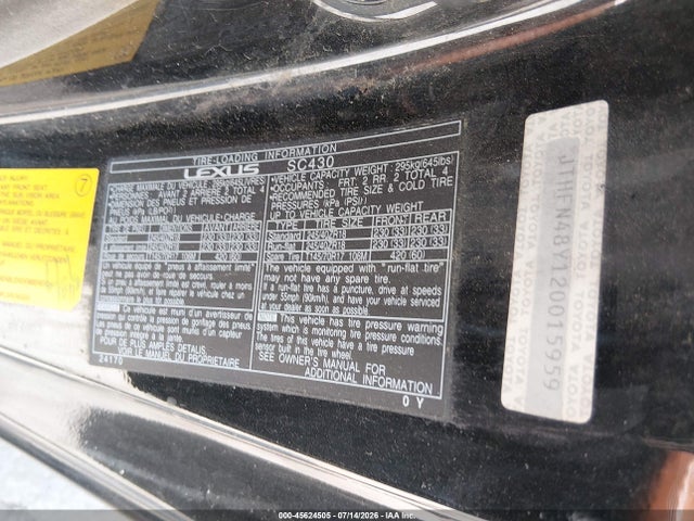 Aukcja sprzedaży 2002 Lexus Sc 430, vin: JTHFN48Y120015959, numer aukcji: 45624505