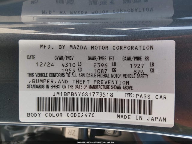 2025 Mazda Mazda3 2.5 Turbo Premium Plus მანქანა იყიდება აუქციონზე, vin: JM1BPBNY6S1773518, აუქციონის ნომერი: 45624509