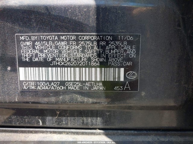 45624529 :رقم المزاد ، JTHCK262072011864 vin ، 2007 Lexus Is 250 مزاد بيع