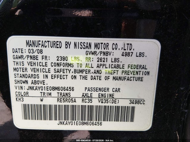 Auction sale of the 2008 Infiniti M35, vin: JNKAY01E08M606456, lot number: 45624539