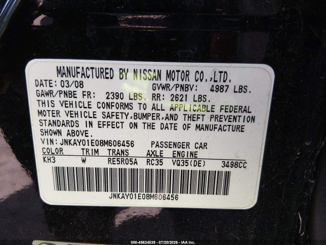 Auction sale of the 2008 Infiniti M35, vin: JNKAY01E08M606456, lot number: 45624539