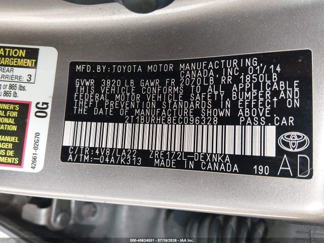 Toyota Corolla Le Premium 2014 2T1BURHE8EC096328 Image 9
