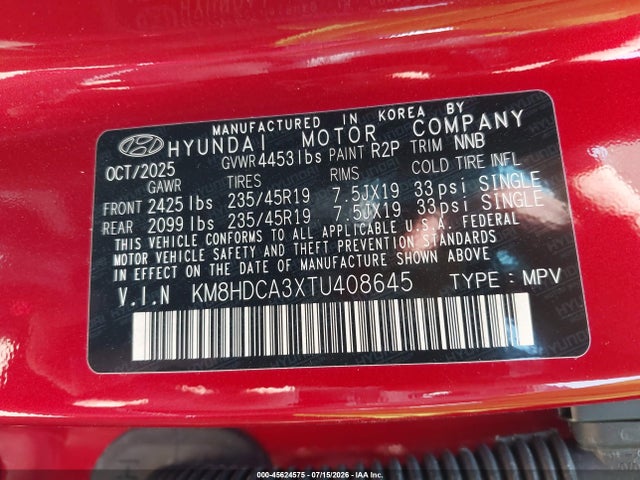 Продажа на аукционе авто 2026 Hyundai Kona Sel Premium, vin: KM8HDCA3XTU408645, номер лота: 45624575