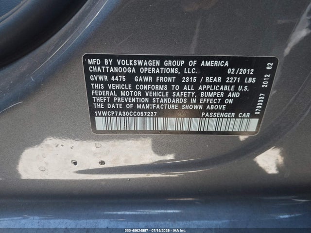 Продажа на аукционе авто 2012 Volkswagen Passat 2.5l Sel, vin: 1VWCP7A30CC057227, номер лота: 45624587