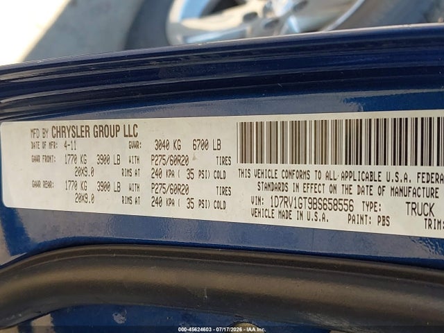 45624603 :رقم المزاد ، 1D7RV1GT9BS658556 vin ، 2011 Ram Ram 1500 Slt مزاد بيع