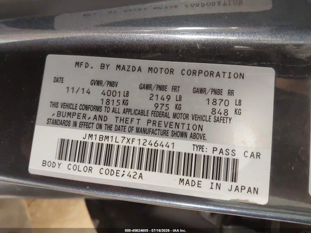 Aukcja sprzedaży 2015 Mazda Mazda3 I Touring, vin: JM1BM1L7XF1246441, numer aukcji: 45624605