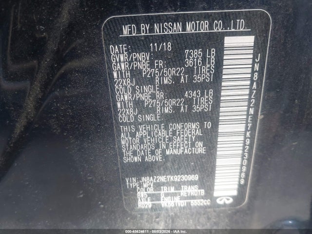 Aukcja sprzedaży 2019 Infiniti Qx80 Luxe, vin: JN8AZ2NE7K9230969, numer aukcji: 45624611