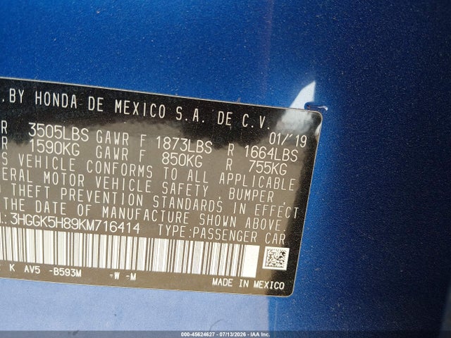 3HGGK5H89KM716414 Honda FIT EX