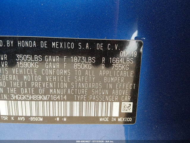 3HGGK5H89KM716414 Honda FIT EX