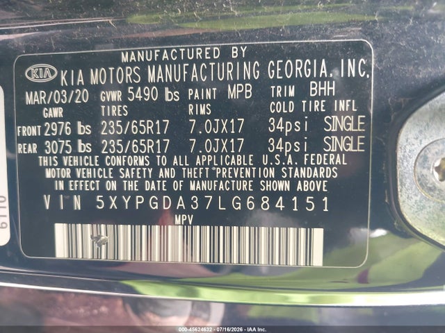 Aukcja sprzedaży 2020 Kia Sorento 2.4l Lx, vin: 5XYPGDA37LG684151, numer aukcji: 45624632