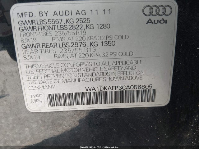 Продаж на аукціоні авто 2012 Audi Q5 3.2 Premium Plus, vin: WA1DKAFP3CA056805, номер лоту: 45624633