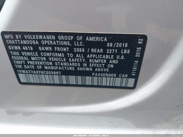 2016 Volkswagen Passat 1.8t S მანქანა იყიდება აუქციონზე, vin: 1VWAT7A37GC003867, აუქციონის ნომერი: 45624651