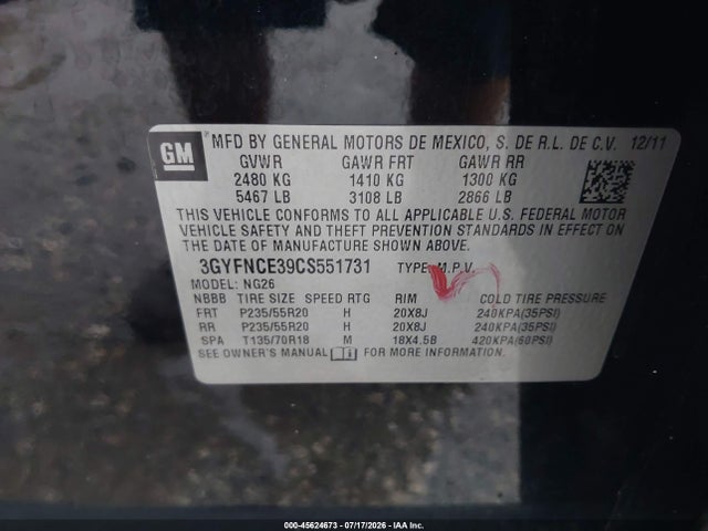 45624673 :رقم المزاد ، 3GYFNCE39CS551731 vin ، 2012 Cadillac Srx Premium Collection مزاد بيع