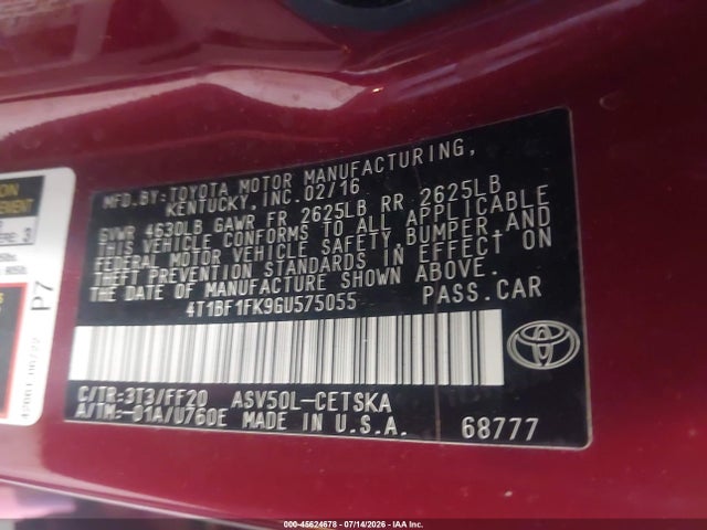 Aukcja sprzedaży 2016 Toyota Camry Se, vin: 4T1BF1FK9GU575055, numer aukcji: 45624678