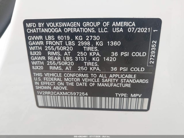 2021 Volkswagen Atlas 3.6l V6 Se W/technology R-line მანქანა იყიდება აუქციონზე, vin: 1V2RR2CAXMC597254, აუქციონის ნომერი: 45624681
