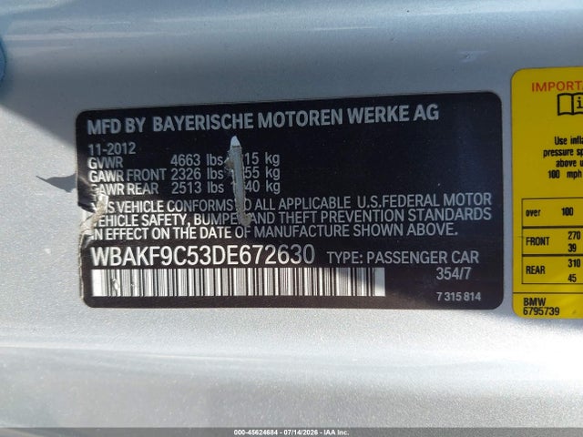 2013 Bmw 335i Xdrive მანქანა იყიდება აუქციონზე, vin: WBAKF9C53DE672630, აუქციონის ნომერი: 45624684