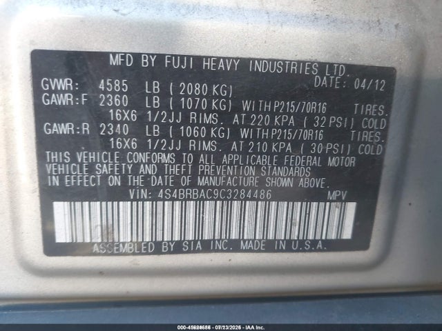Продаж на аукціоні авто 2012 Subaru Outback 2.5i, vin: 4S4BRBAC9C3284486, номер лоту: 45624686