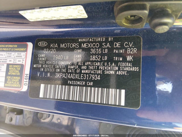 2020 Kia Rio S მანქანა იყიდება აუქციონზე, vin: 3KPA24ADXLE317934, აუქციონის ნომერი: 45624693