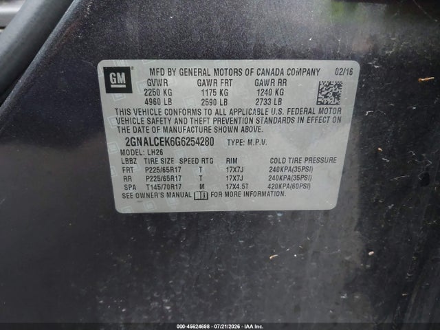 Chevrolet EQUINOX LT 2016 2GNALCEK6G6254280 Image 9