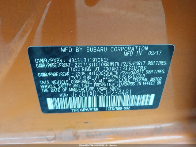 JF2GTADC9JH234481 Subaru Crosstrek 2.0i Premium