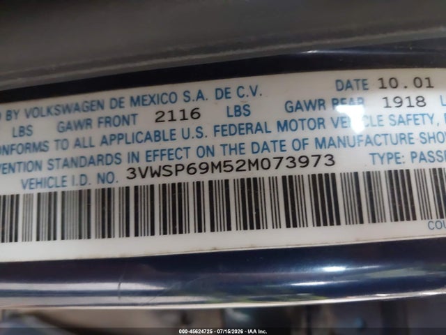 2002 Volkswagen Jetta Gls Tdi მანქანა იყიდება აუქციონზე, vin: 3VWSP69M52M073973, აუქციონის ნომერი: 45624725