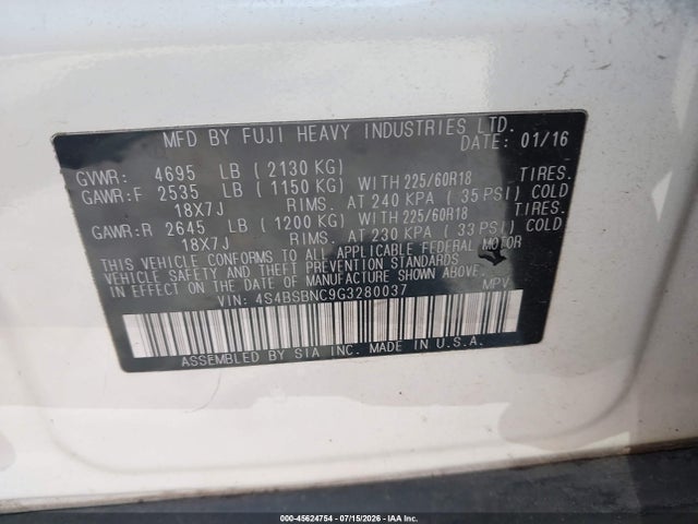 Продаж на аукціоні авто 2016 Subaru Outback 2.5i Limited, vin: 4S4BSBNC9G3280037, номер лоту: 45624754