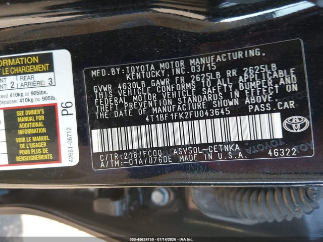 Продажа на аукционе авто 2015 Toyota Camry Le, vin: 4T1BF1FK2FU043645, номер лота: 45624759