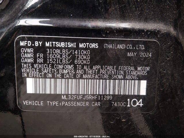 Aukcja sprzedaży 2024 Mitsubishi Mirage G4 Black Edition/es/le, vin: ML32FUFJ5RHF11299, numer aukcji: 45624765