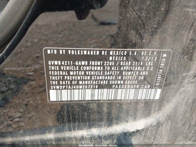 2013 Volkswagen Jetta 2.5l Se მანქანა იყიდება აუქციონზე, vin: 3VWDP7AJ4DM257319, აუქციონის ნომერი: 45624800