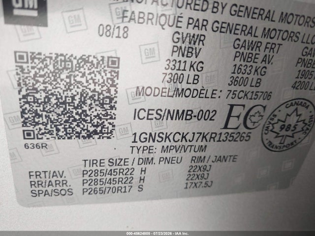 45624805 :رقم المزاد ، 1GNSKCKJ7KR135265 vin ، 2019 Chevrolet Tahoe Premier مزاد بيع