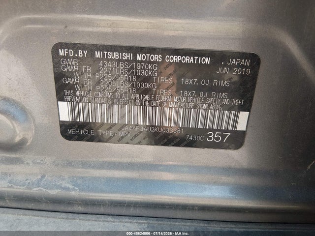 Aukcja sprzedaży 2019 Mitsubishi Outlander Sport 2.0 Es, vin: JA4AP3AU2KU033381, numer aukcji: 45624806