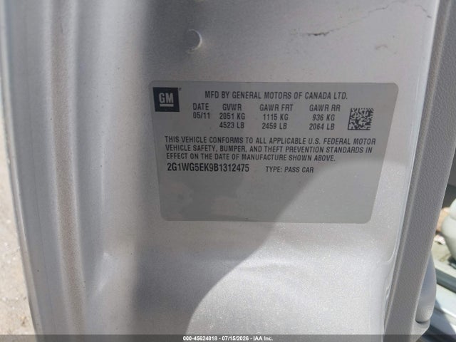 45624818 :رقم المزاد ، 2G1WG5EK9B1312475 vin ، 2011 Chevrolet Impala Lt مزاد بيع