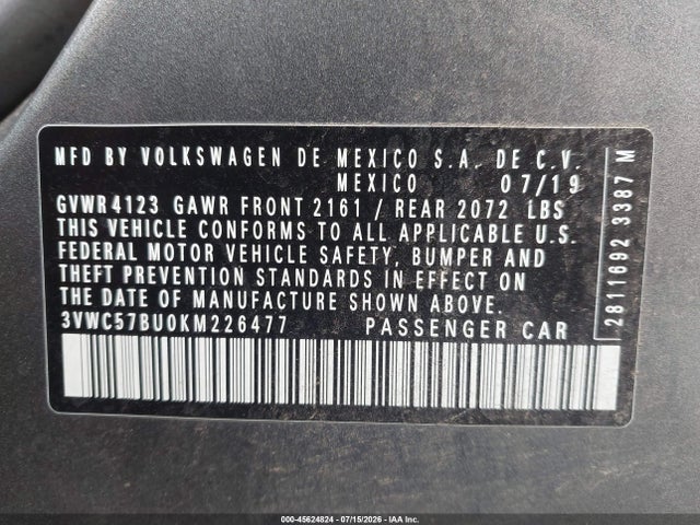 2019 Volkswagen Jetta 1.4t R-line/1.4t S/1.4t Se მანქანა იყიდება აუქციონზე, vin: 3VWC57BU0KM226477, აუქციონის ნომერი: 45624824