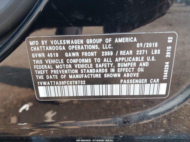 45624826 :رقم المزاد ، 1VWAT7A39FC078732 vin ، 2015 Volkswagen Passat 1.8t Wolfsburg Edition مزاد بيع