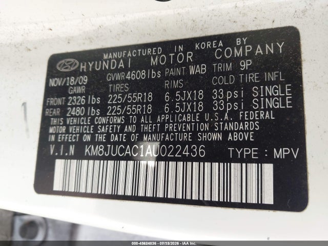 45624836 :رقم المزاد ، KM8JUCAC1AU022436 vin ، 2010 Hyundai Tucson Limited مزاد بيع