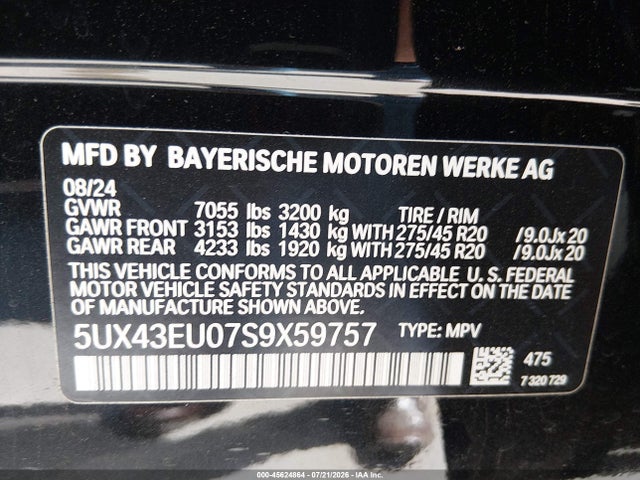 Aukcja sprzedaży 2025 Bmw X5 Phev Xdrive50e, vin: 5UX43EU07S9X59757, numer aukcji: 45624864