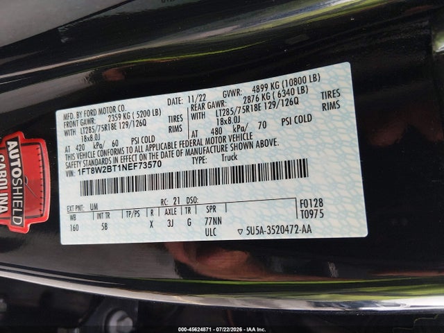 Aukcja sprzedaży 2022 Ford F-250 Lariat, vin: 1FT8W2BT1NEF73570, numer aukcji: 45624871