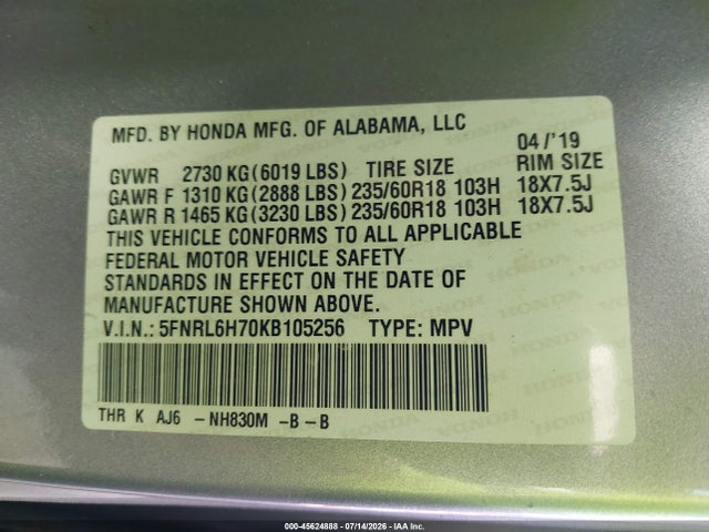 5FNRL6H70KB105256 Honda Odyssey Ex-l