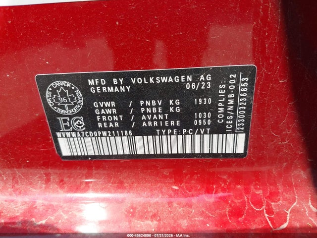 2023 Volkswagen Golf Gti 2.0t Autobahn მანქანა იყიდება აუქციონზე, vin: WVWWA7CD0PW211186, აუქციონის ნომერი: 45624890