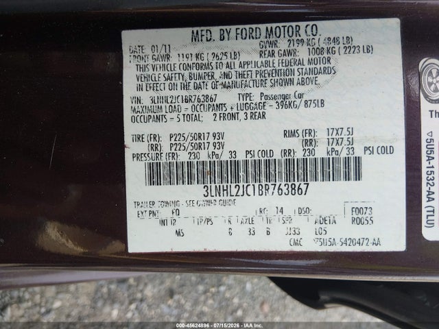 2011 Lincoln Mkz მანქანა იყიდება აუქციონზე, vin: 3LNHL2JC1BR763867, აუქციონის ნომერი: 45624896