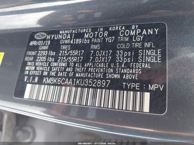 Aukcja sprzedaży 2019 Hyundai Kona Sel, vin: KM8K6CAA1KU352897, numer aukcji: 45624917