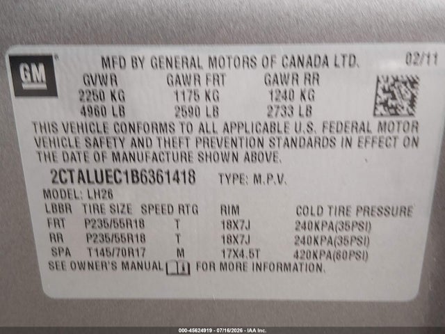Aukcja sprzedaży 2011 Gmc Terrain Slt-1, vin: 2CTALUEC1B6361418, numer aukcji: 45624919