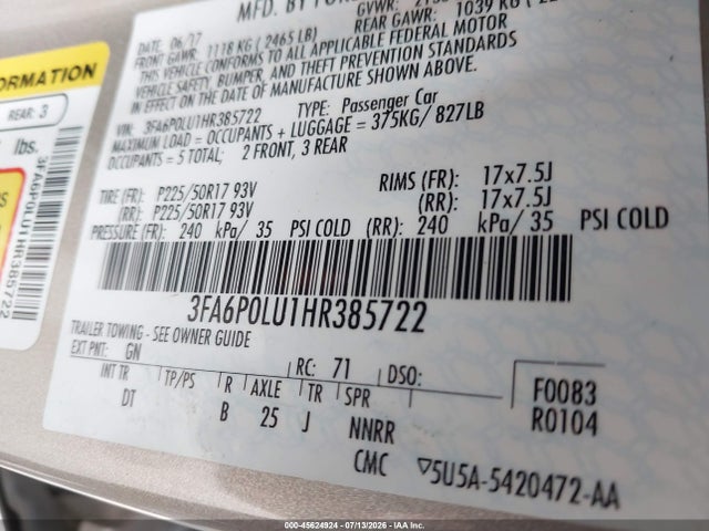 Ford Fusion Hybrid Se 2017 3FA6P0LU1HR385722 Image 9